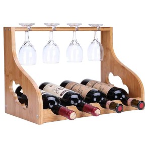 STOJAK NA WINO I KIELISZKI NA 4 SZT BAMBUSOWY